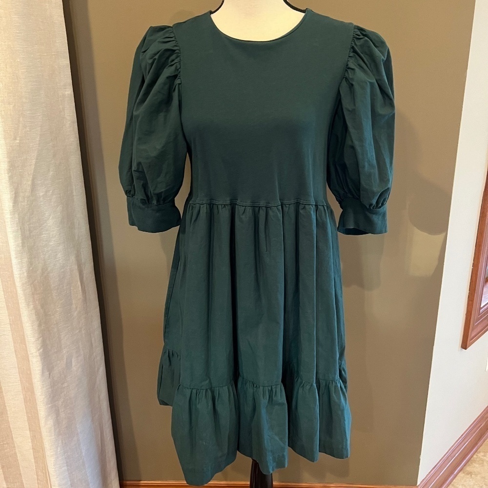 Zara Dark Green Mini Comfy Cottagecore Baby Doll Balloon Sleeve Dress, Size M